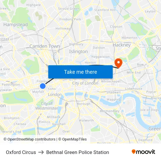 Oxford Circus to Bethnal Green Police Station map