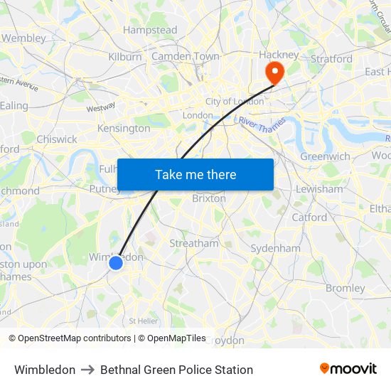 Wimbledon to Bethnal Green Police Station map