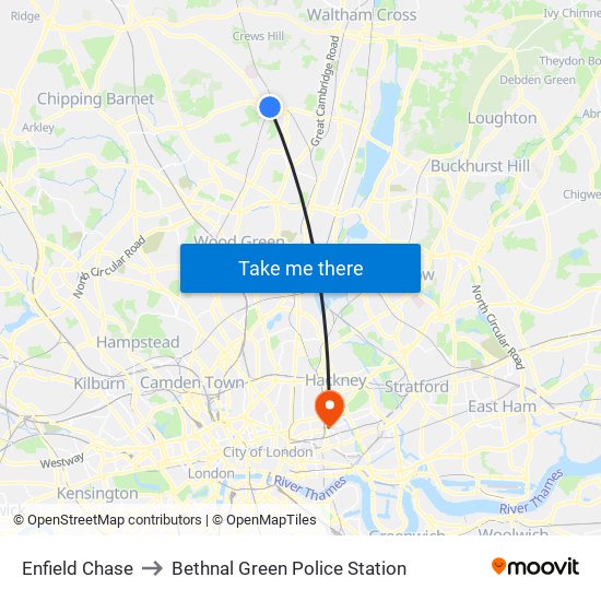 Enfield Chase to Bethnal Green Police Station map