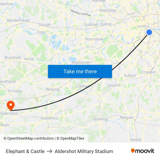Elephant & Castle to Aldershot Military Stadium map