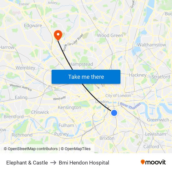 Elephant & Castle to Bmi Hendon Hospital map
