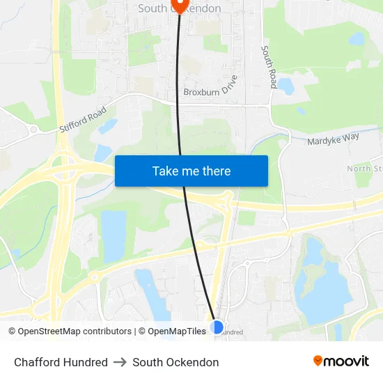 Chafford Hundred to South Ockendon map