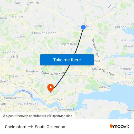 Chelmsford to South Ockendon map