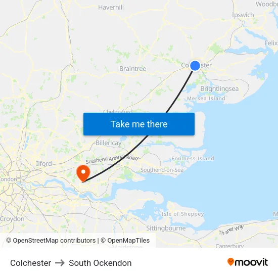Colchester to South Ockendon map
