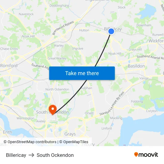 Billericay to South Ockendon map