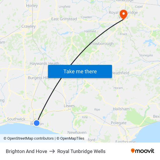 Brighton And Hove to Royal Tunbridge Wells map