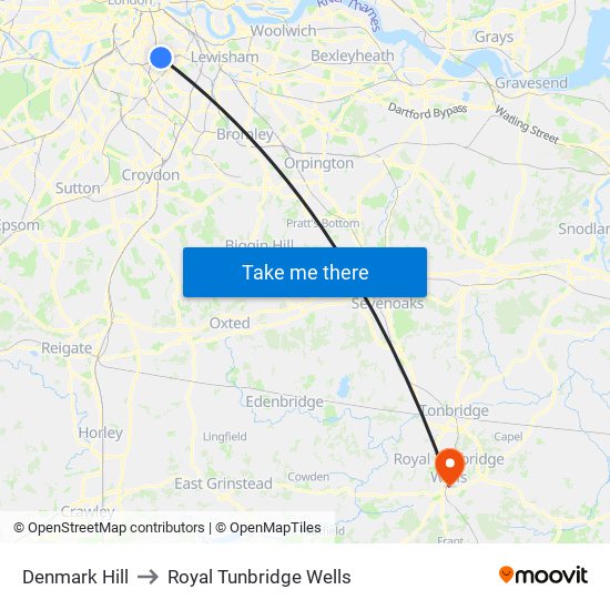 Denmark Hill to Royal Tunbridge Wells map