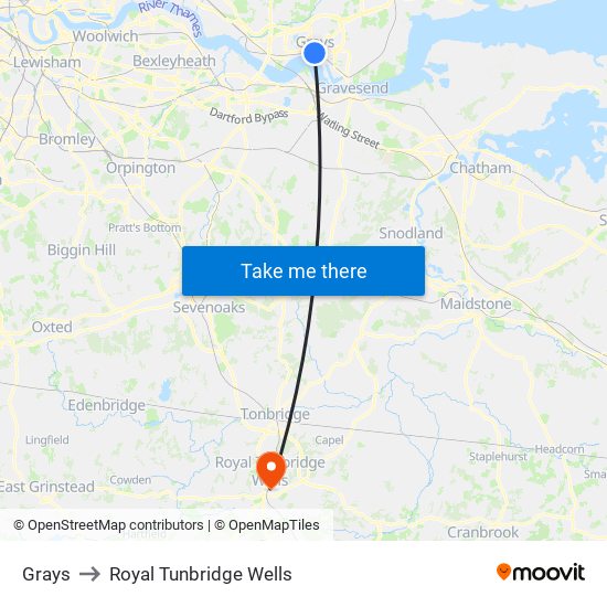 Grays to Royal Tunbridge Wells map