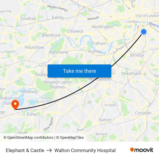 Elephant & Castle to Walton Community Hospital map