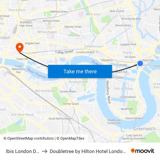 Ibis London Docklands to Doubletree by Hilton Hotel London - Tower Of London map