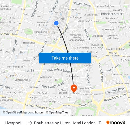 Liverpool Street to Doubletree by Hilton Hotel London - Tower Of London map