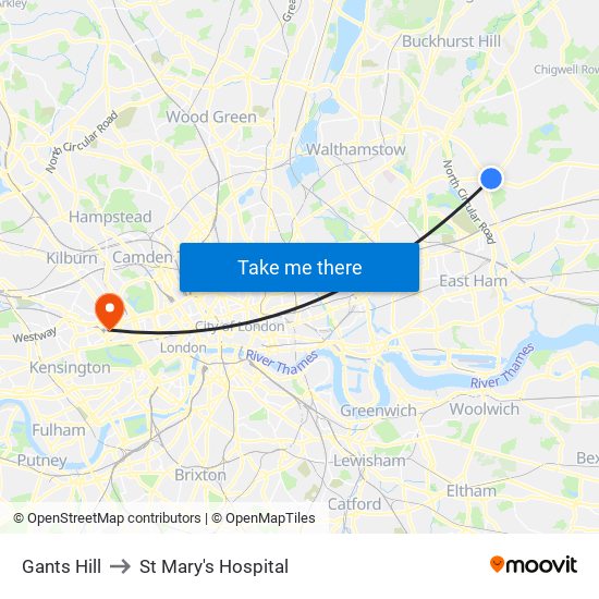 Gants Hill to St Mary's Hospital map
