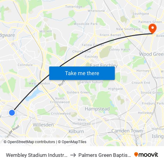 Wembley Stadium Industrial Estate to Palmers Green Baptist Church map