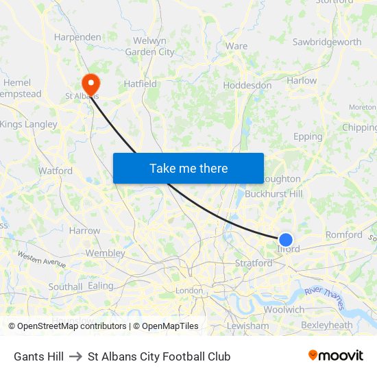 Gants Hill to St Albans City Football Club map