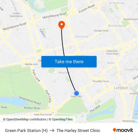 Green Park Station (H) to The Harley Street Clinic map