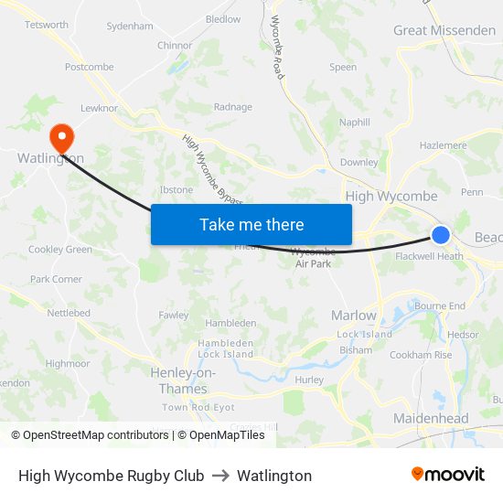 High Wycombe Rugby Club to Watlington map