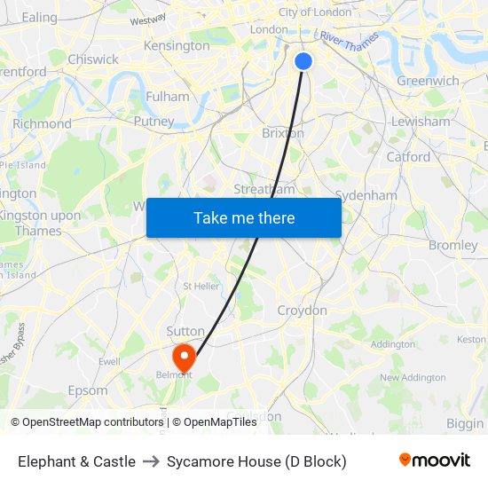 Elephant & Castle to Sycamore House (D Block) map
