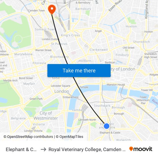 Elephant & Castle to Royal Veterinary College, Camden Campus map