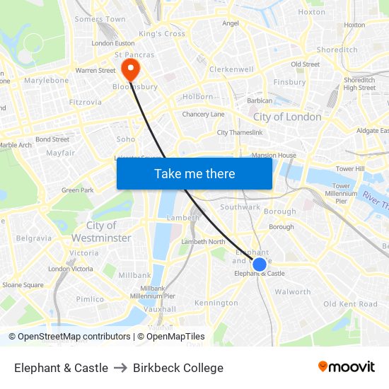 Elephant & Castle to Birkbeck College map