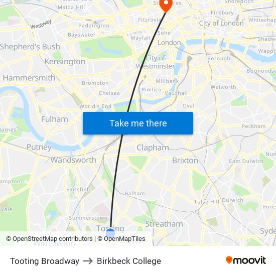 Tooting Broadway to Birkbeck College map