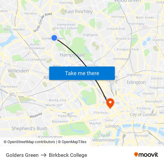 Golders Green to Birkbeck College map