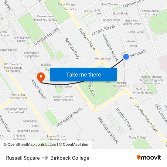 Russell Square to Birkbeck College map