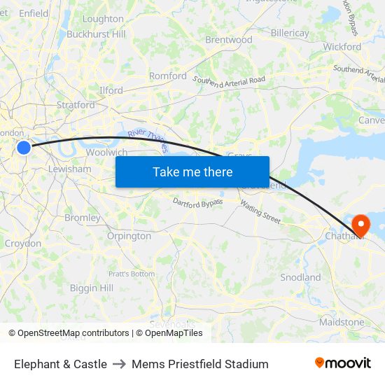 Elephant & Castle to Mems Priestfield Stadium map