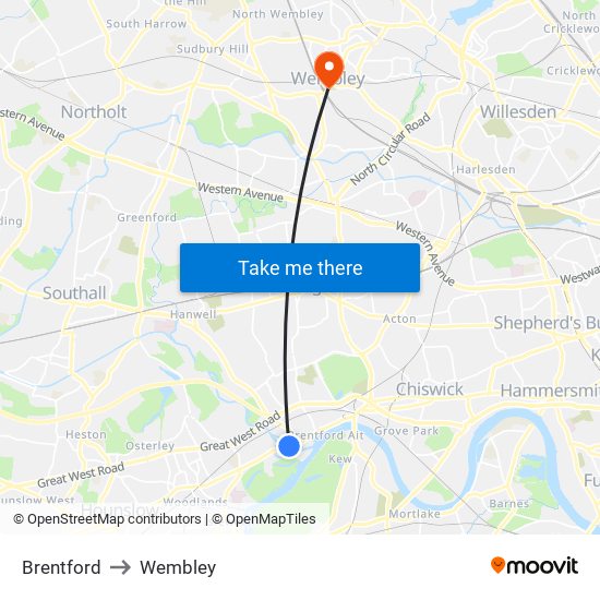 Brentford to Wembley map