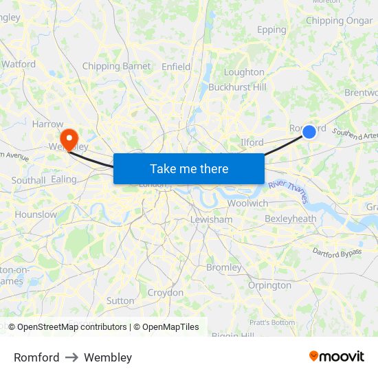 Romford to Wembley map