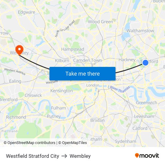 Westfield Stratford City to Wembley map