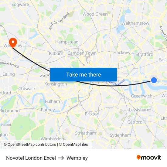 Novotel London Excel to Wembley map