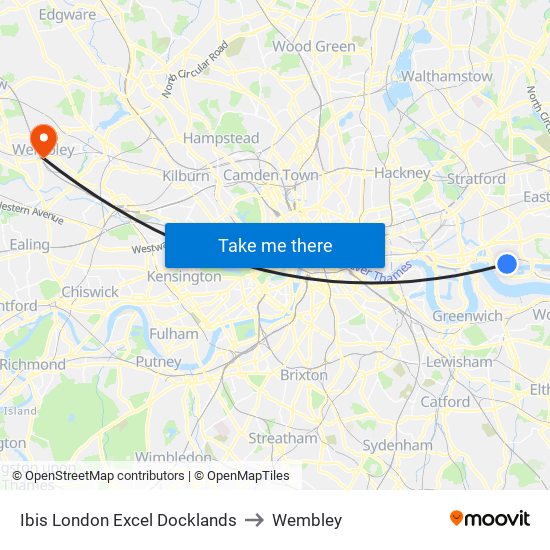 Ibis London Excel Docklands to Wembley map