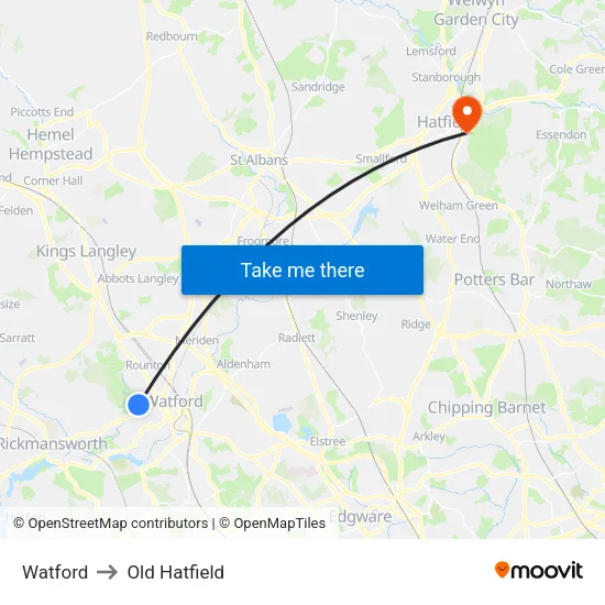 Watford to Old Hatfield map