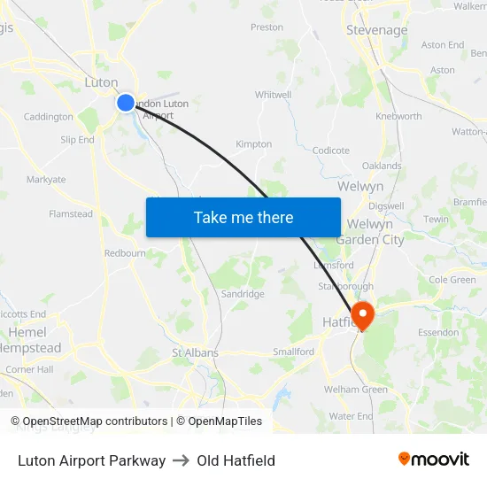 Luton Airport Parkway to Old Hatfield map