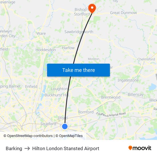 Barking to Hilton London Stansted Airport map