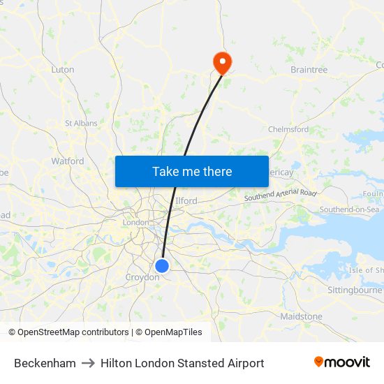 Beckenham to Hilton London Stansted Airport map