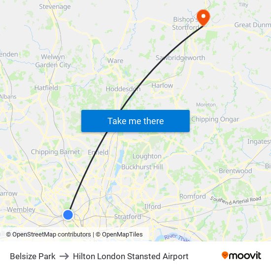 Belsize Park to Hilton London Stansted Airport map