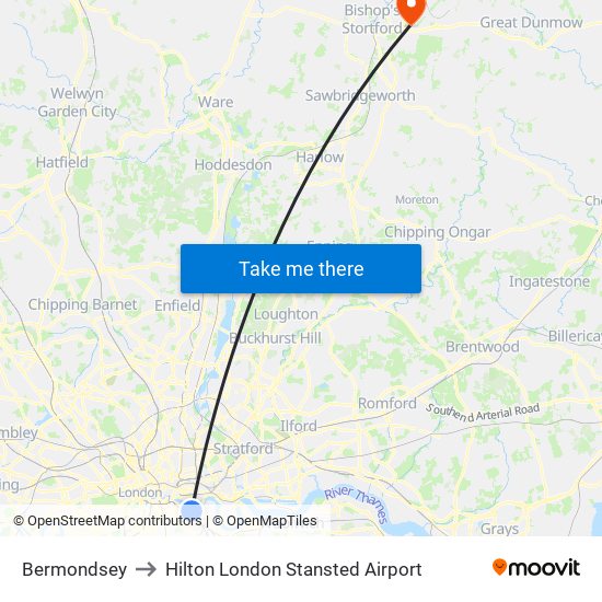 Bermondsey to Hilton London Stansted Airport map