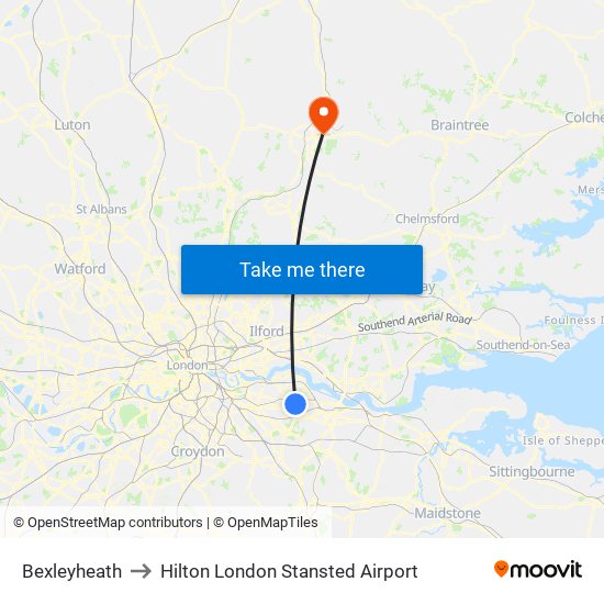 Bexleyheath to Hilton London Stansted Airport map