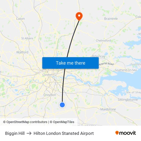 Biggin Hill to Hilton London Stansted Airport map