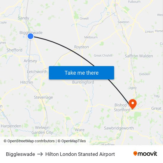 Biggleswade to Hilton London Stansted Airport map