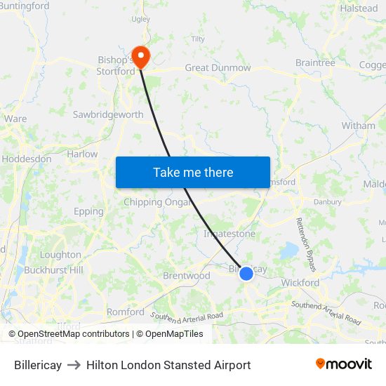 Billericay to Hilton London Stansted Airport map