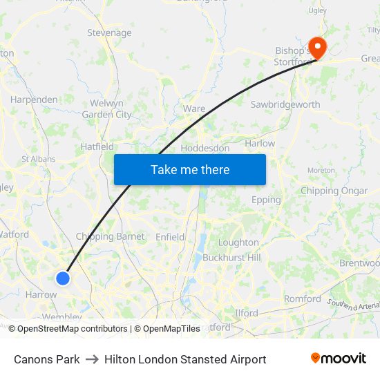 Canons Park to Hilton London Stansted Airport map