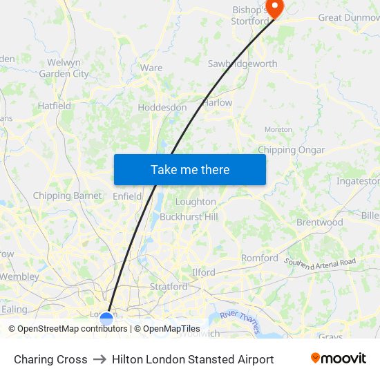 Charing Cross to Hilton London Stansted Airport map