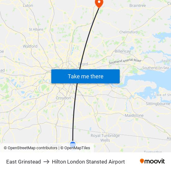 East Grinstead to Hilton London Stansted Airport map