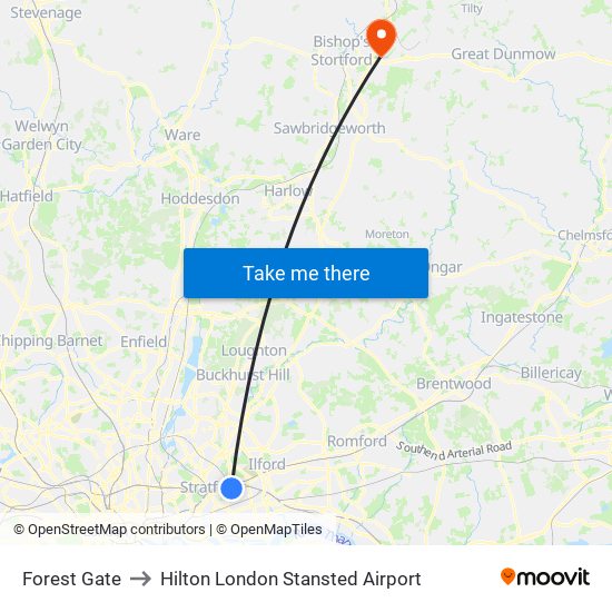 Forest Gate to Hilton London Stansted Airport map