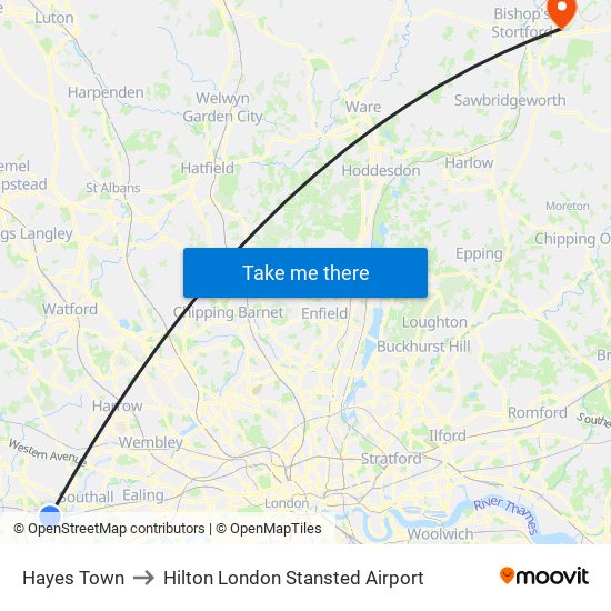 Hayes Town to Hilton London Stansted Airport map