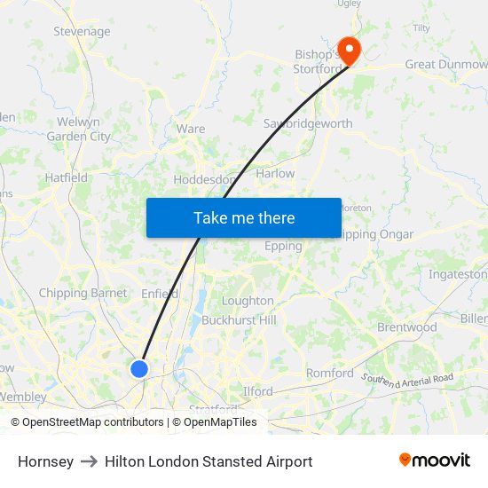 Hornsey to Hilton London Stansted Airport map