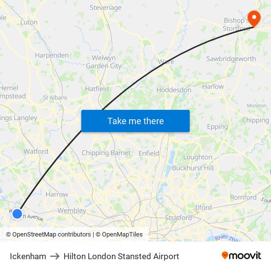 Ickenham to Hilton London Stansted Airport map