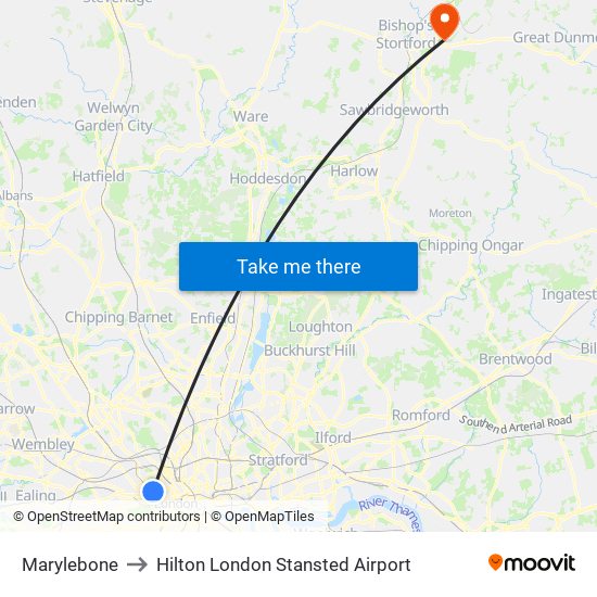 Marylebone to Hilton London Stansted Airport map